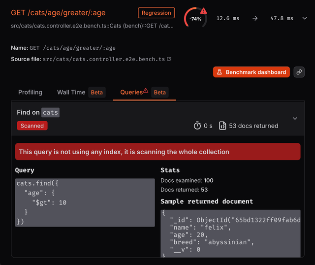 Example of a benchmark with an un-optimized MongoDB query